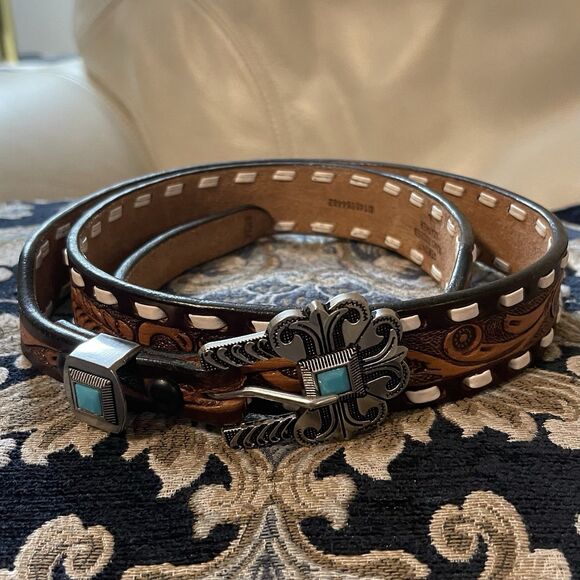 Angel Ranch Western Tooled Leather Womens Belt Rhinestone Size L Turquoise Brown - Picture 2 of 13